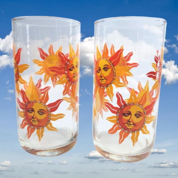 Libbey Other - Vtg Libbey Celestial Orange Sun Sunshine Face Highball Tall Tumbler Glasses 5¾"